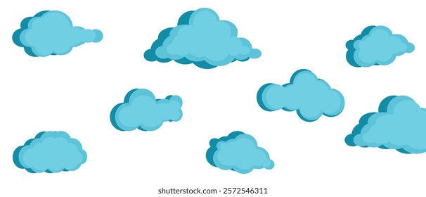 A cluster of soft, fluffy clouds float across a bright blue sky. The clouds are depicted in a simple, cartoonish style, creating a cheerful and carefree atmosphere.