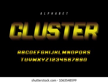Cluster stylized display font design, alphabet, typeface, letters and numbers, typography. Swatch color control.