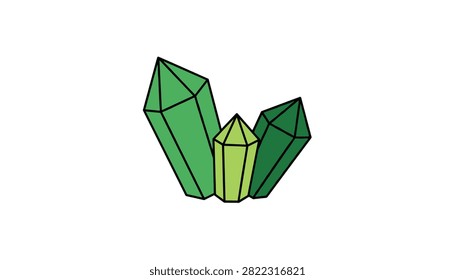 Cluster of three faceted green crystals or mineral gemstones of various sizes isolated on clean white background.