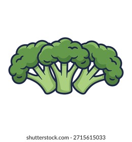 Un grupo de tres cabezas de brócoli verde fresco con contornos audaces para el diseño de alimentos saludables.