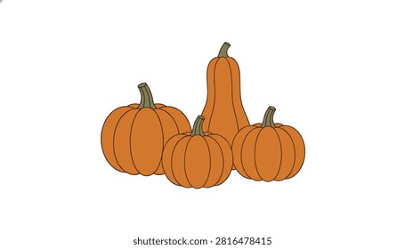 Cluster of three orange pumpkins and one tall gourd representing a classic seasonal autumn harvest collection.