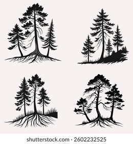 a cluster of three pine trees with sharp triangular