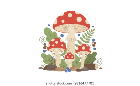 Cluster of three spotted mushrooms surrounded by ferns, blueberries, and forest floor elements like rocks and logs.