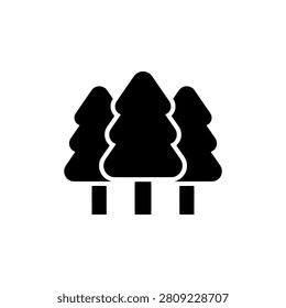 Cluster of three tall evergreen pine trees together, solid black silhouette vector illustration