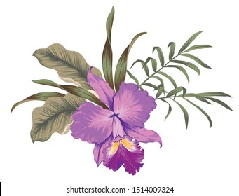 A Cluster Of Tropical Leaves With A Purple Jungle Orchid. Vector Illustration.