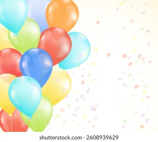cluster of vibrant, multicolored semi-transparent balloons, red, blue, yellow, green, and orange, a light background