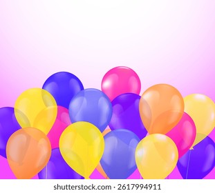 cluster of vibrant, multicolored semi-transparent balloons, purple, blue, yellow, pink, and orange, a light pink background