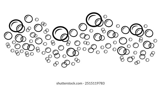 Cluster of water bubbles in linear style. Border of fizzy balloons. A doodle pattern of soap foam