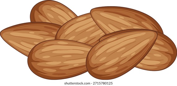 Grupo de almendras enteras en un estilo de Vector limpio y detallado con tonos marrones naturales y reflejos sutiles, aislados sobre fondo blanco