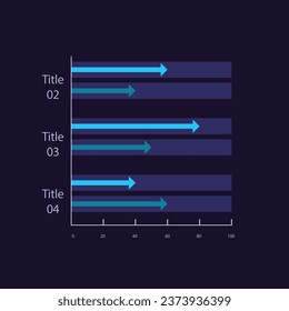 Clustered arrows infographic chart design template for dark theme. Business development. Editable infochart with horizontal bar graphs. Visual data presentation. Myriad Pro-Bold, Regular fonts used