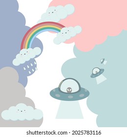 Clustered clouds with rainbows and UFO in patterns and background, vector.