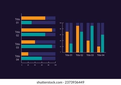 Clustered column infographic chart design template set for dark theme. Compare effectiveness. Visual data presentation. Editable bar graphs collection. Myriad Pro-Bold, Regular fonts used