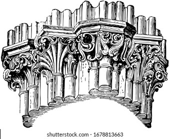 Clustered pillar, architecture, cathedral, column, wells, vintage line drawing or engraving illustration.