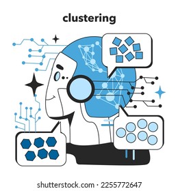 Clustering. Ausbildung in künstlichem neuronalen Netzwerk. Selbstlernendes Computersystem für die Datenverarbeitung. Tiefmaschinenlernen, moderne Technik. Flache Vektorgrafik