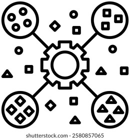 
Clustering in machine learning and data science minimalist outline icon. Features a gear with grouped data points, symbolizing unsupervised learning, pattern recognition, and data segmentation.