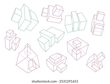 Agrupamentos de caixas em uma perspectiva de 3 pontos nas cores verde e magenta