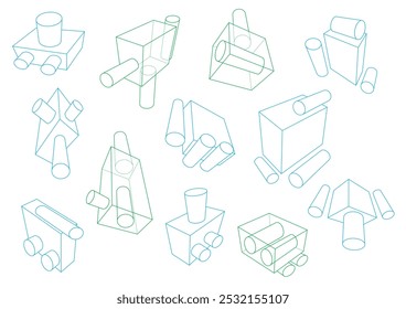 Agregados de caixas com cilindros fixados em perspectiva de 3 pontos em cores verde e azul