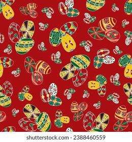 Clusters of colorful Ukrainian easter eggs are scattered across this red background creating a vector repeat seamless pattern design.