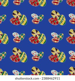 Clusters of colorful Ukrainian Easter eggs are placed in a linear geometrical pattern on a blue background to create a vector seamless repeat design.