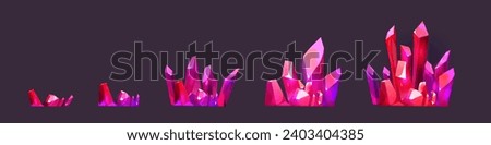 Clusters of pink shining gemstone crystals for game level rank ui design. Cartoon rpg assets of growing pile of bright diamond raw material rocks. Vector illustration of mining treasure and jewel.