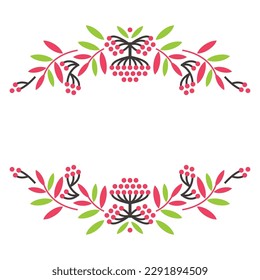 Clusters of rowan and leaves for the design and decoration of postcards, posters, menus, banners. Wild berries in flat graphic geometric style isolated on white background.