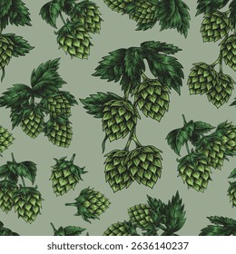 Clusters of vibrant green hops are depicted showcasing the distinct cone shapes and leafy foliage.