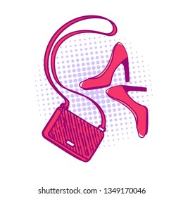 Clutch bag and high heel shoes.