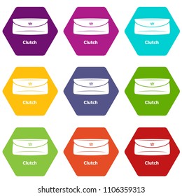 Clutch bag icons 9 set coloful isolated on white for web