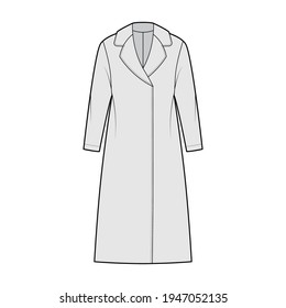 Clutch coat technical fashion illustration with long sleeves, half clover lapel collar, oversized body, knee length. Flat jacket template front, grey color style. Women, men, unisex top CAD mockup