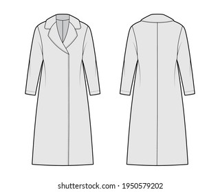 Clutch coat technical fashion illustration with long sleeves, half clover lapel collar, oversized body, knee length. Flat jacket template front, back, grey color style. Women men unisex top CAD mockup