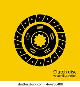 Clutch disc. Isolated icon on yellow background. Vector illustration flat design. Silhouette of automotive parts.