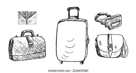 Embrague (sobre), bolsa de los médicos, maleta, maleta (fanny) (correa) Envase y alforja, doodle de contorno aislado en blanco y negro dibujado a mano, boceto, maletas set ilustración de la colección