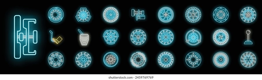Los iconos de embrague establecen el Vector de contorno. Motor de la máquina. Piezas de automóvil color neón en negro