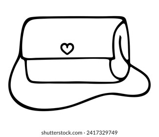 Clutch. Sketch. Women's mini bag with a top lid and a long chain for carrying on the shoulder. Heart shaped latch. Vector illustration. Doodle style. Outline on isolated background.