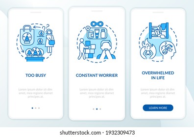 Clutter personality types onboarding mobile app page screen with concepts. Too busy person walkthrough 3 steps graphic instructions. UI vector template with RGB color illustrations