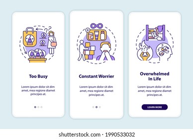Clutter personality types onboarding mobile app page screen with concepts. Category definition walkthrough 3 steps graphic instructions. UI vector template with RGB color illustrations