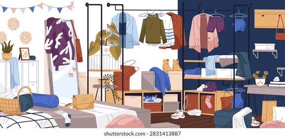 Clutter in room with wardrobe. Bedroom interior with scattered clothes, mess. Messy apartment with disorganized closet. Scene with dirty, cluttered storage before arranging. Flat vector illustration