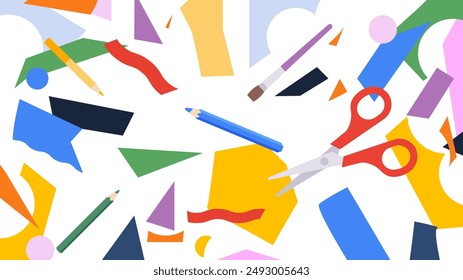 Clutter of stationery for creativity and pieces colored paper. Paper craft, DIY project, hand crafts, creative workspace, activities. Simple and quiet vector illustration