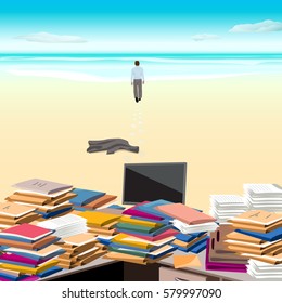 Cluttered. Beach. One goes along the beach away from the cluttered desktop, throwing jacket . Vector illustration.