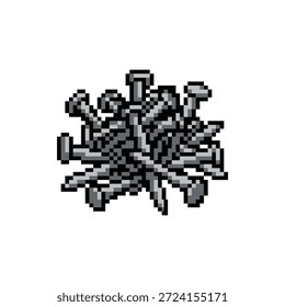 Un montón desordenado de Pequeños clavos de hierro puntiagudos grises en estilo retro de 8 bits.