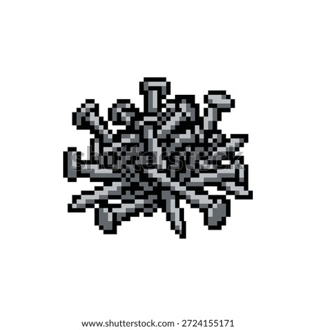 A cluttered heap of small grey pointed iron nails in 8-bit retro style.