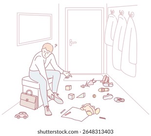 A cluttered and messy entryway showcases an adult sitting among scattered toys and various personal belongings
