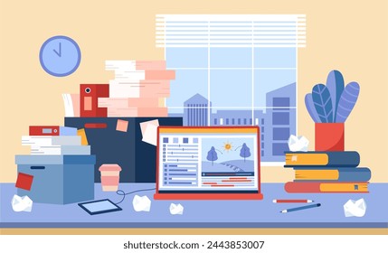 Cluttered office desk with laptop, piles of documents, stationery. Flat vector illustration. Stressful work environment, overworked atmosphere concept.