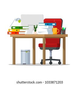 Cluttered workplace. A desk with a chair, a computer littered with documents, folders. Vector flat illustration.