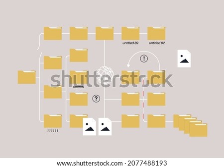 Cluttered workspace, a file directory with folders in a chaotic disorder