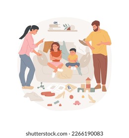 Cluttering the house isolated cartoon vector illustration. Parents are angry about messy home, pile of clothes on sofa, toys scattered, unhealthy lifestyle, family problems vector cartoon.