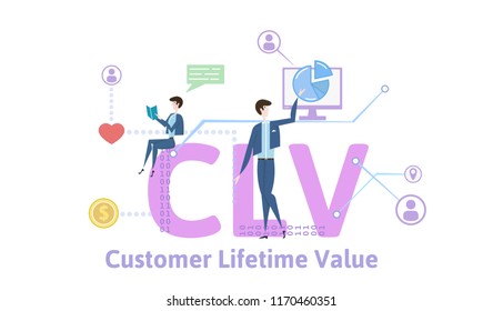 CLV, customer lifetime value. Concept with keywords, letters and icons. Colored flat vector illustration on white background.