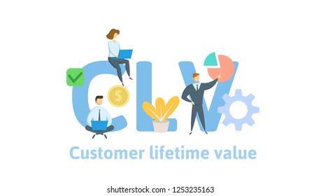 CLV, customer lifetime value. Concept with keywords, letters and icons. Colored flat vector illustration on white background.