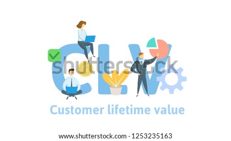 CLV, customer lifetime value. Concept with keywords, letters and icons. Colored flat vector illustration on white background.