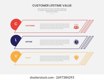 clv customer lifetime value infographic outline style with skew rectangle and circle badge at edge 3 point template with for slide presentation vector